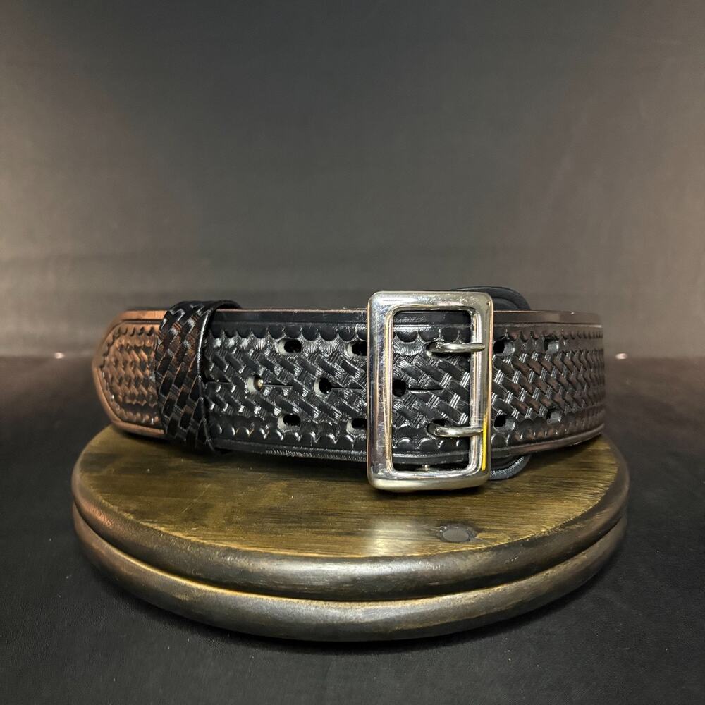 Aker B03 Duty Belt Size 30" Sam Browne Half Lined Basketweave Leather Nickel